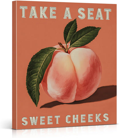 Funny Pink Peach Bathroom Wall Art Print - Take a Seat Sweet Cheeks Canvas Poster Painting - Funny Bathroom Wall Decor for Restroom Toilet 8x10 Inch Framed