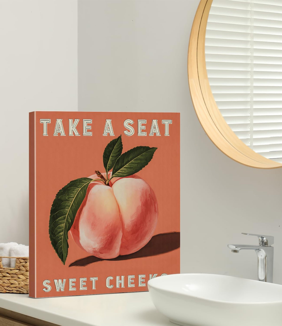 Funny Pink Peach Bathroom Wall Art Print - Take a Seat Sweet Cheeks Canvas Poster Painting - Funny Bathroom Wall Decor for Restroom Toilet 8x10 Inch Framed