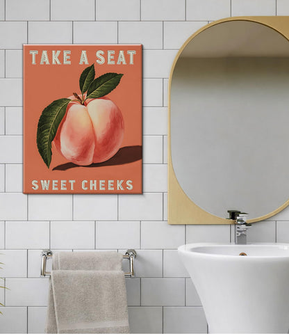 Funny Pink Peach Bathroom Wall Art Print - Take a Seat Sweet Cheeks Canvas Poster Painting - Funny Bathroom Wall Decor for Restroom Toilet 8x10 Inch Framed