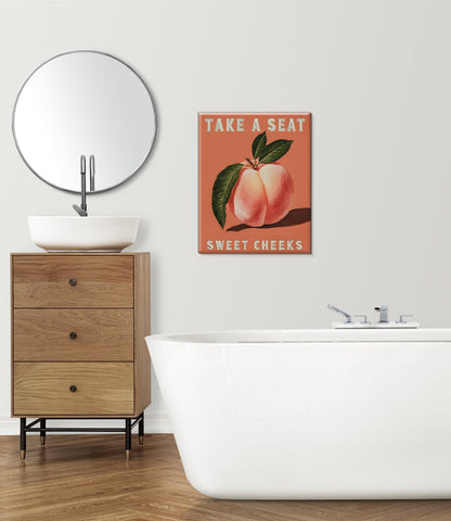 Funny Pink Peach Bathroom Wall Art Print - Take a Seat Sweet Cheeks Canvas Poster Painting - Funny Bathroom Wall Decor for Restroom Toilet 8x10 Inch Framed