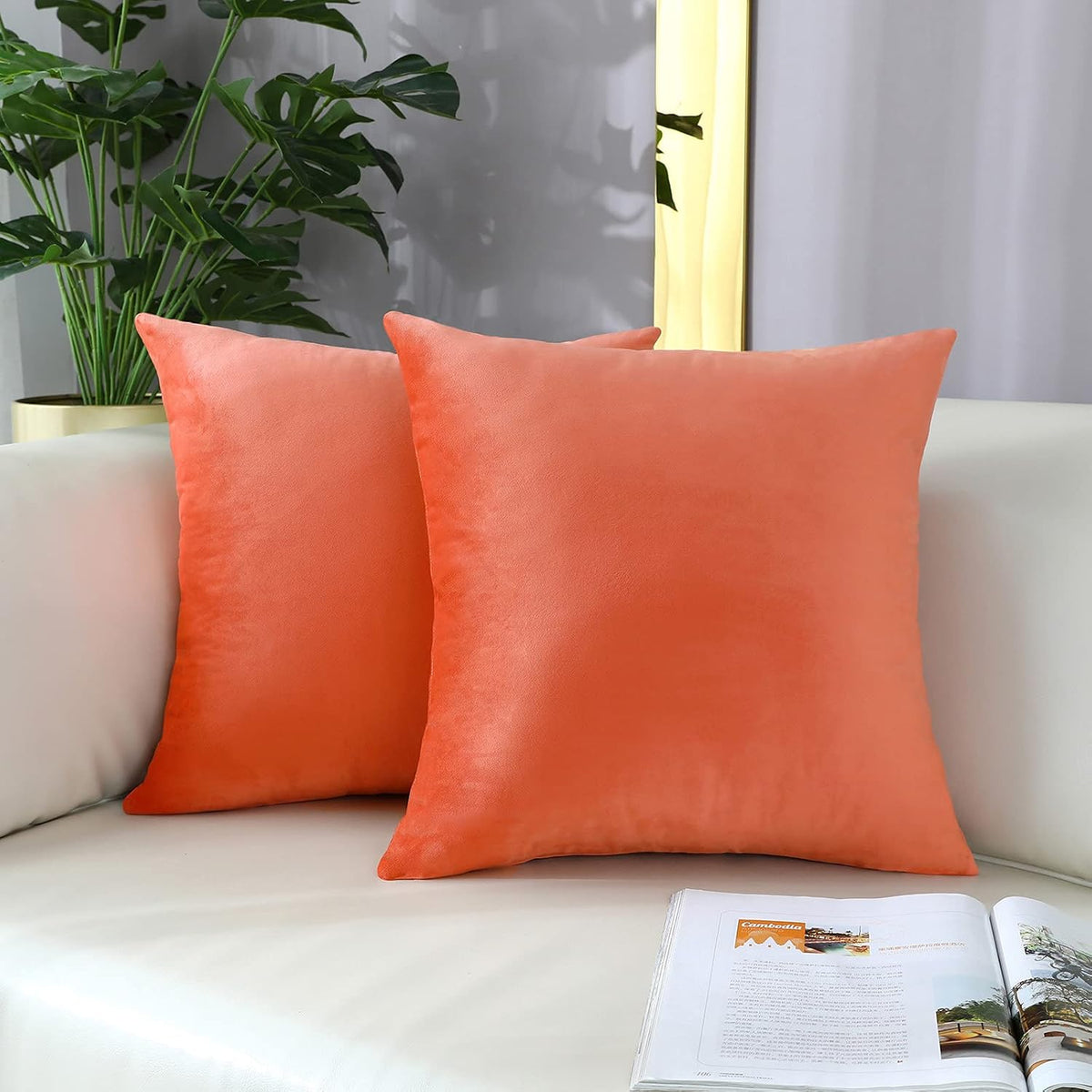 Comfy Peach Coral Throw Pillow Covers Decorative Square Solid Velvet Super Soft Cushion Cases Home Decor for Sofa Couch, Set of 2, 18 x 18 Inch
