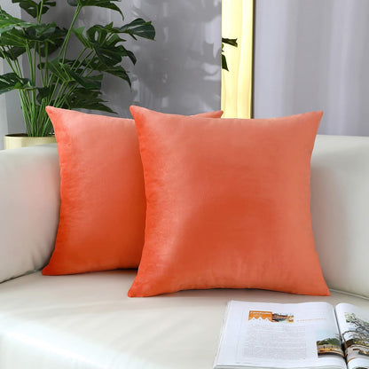 Comfy Peach Coral Throw Pillow Covers Decorative Square Solid Velvet Super Soft Cushion Cases Home Decor for Sofa Couch, Set of 2, 18 x 18 Inch