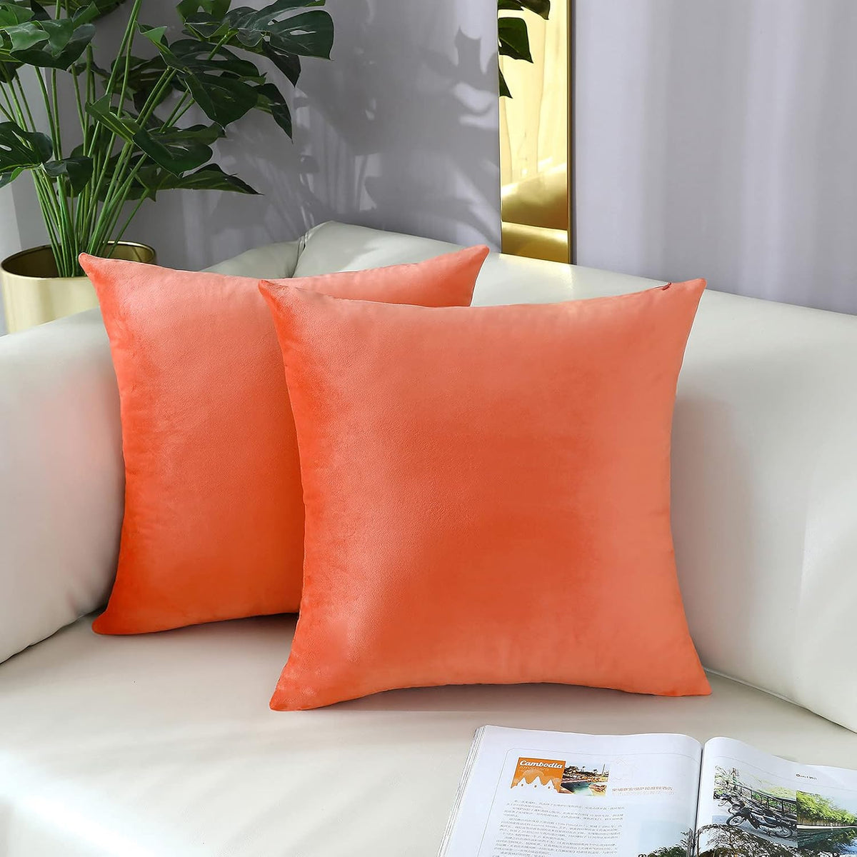 Comfy Peach Coral Throw Pillow Covers Decorative Square Solid Velvet Super Soft Cushion Cases Home Decor for Sofa Couch, Set of 2, 18 x 18 Inch