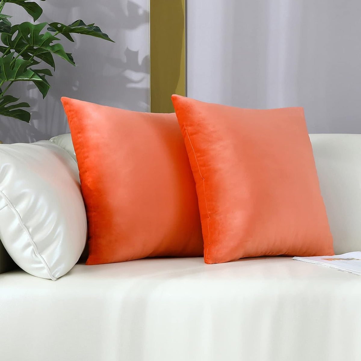 Comfy Peach Coral Throw Pillow Covers Decorative Square Solid Velvet Super Soft Cushion Cases Home Decor for Sofa Couch, Set of 2, 18 x 18 Inch