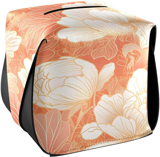 Leather tissue box holder Hanging napkin holder for car with Adjustable straps & zipper Reusable auto accessories Chinese Style Floral Peach Gold