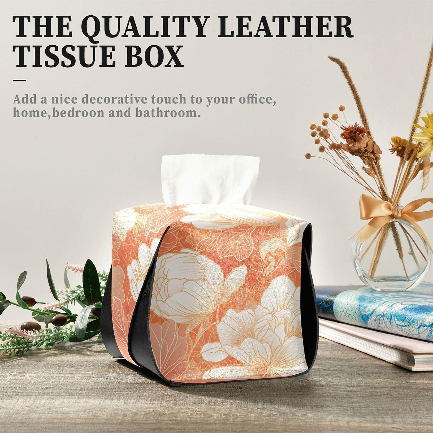 Leather tissue box holder Hanging napkin holder for car with Adjustable straps & zipper Reusable auto accessories Chinese Style Floral Peach Gold