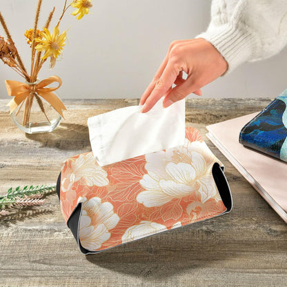 Leather tissue box holder Hanging napkin holder for car with Adjustable straps & zipper Reusable auto accessories Chinese Style Floral Peach Gold