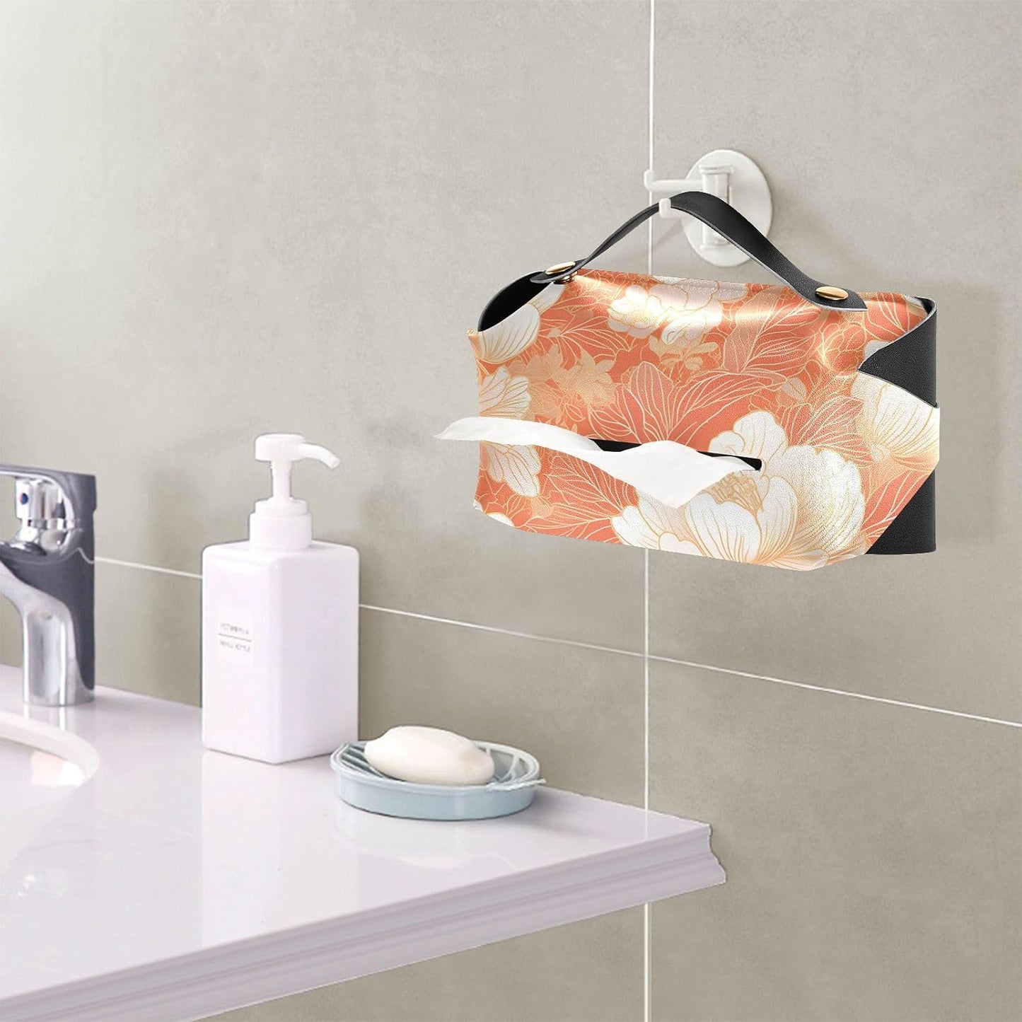 Leather tissue box holder Hanging napkin holder for car with Adjustable straps & zipper Reusable auto accessories Chinese Style Floral Peach Gold
