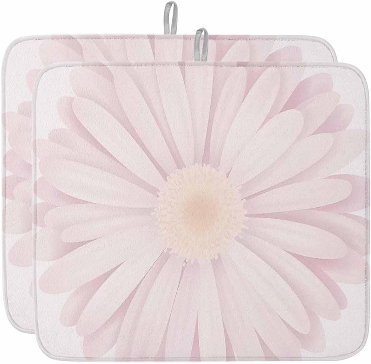 Light Pink Flower Dish Drying Mat for Kitchen Counter Chrysanthemum Floral Spring Plant Absorbent Microfiber Quick Dry Pad Non Slip Drainer Mats 16x18 Inch, 2 Pack