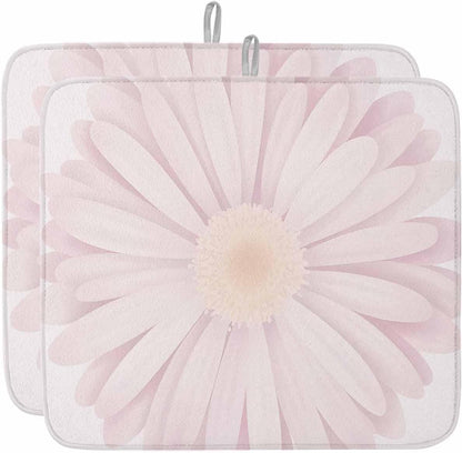 Light Pink Flower Dish Drying Mat for Kitchen Counter Chrysanthemum Floral Spring Plant Absorbent Microfiber Quick Dry Pad Non Slip Drainer Mats 16x18 Inch, 2 Pack