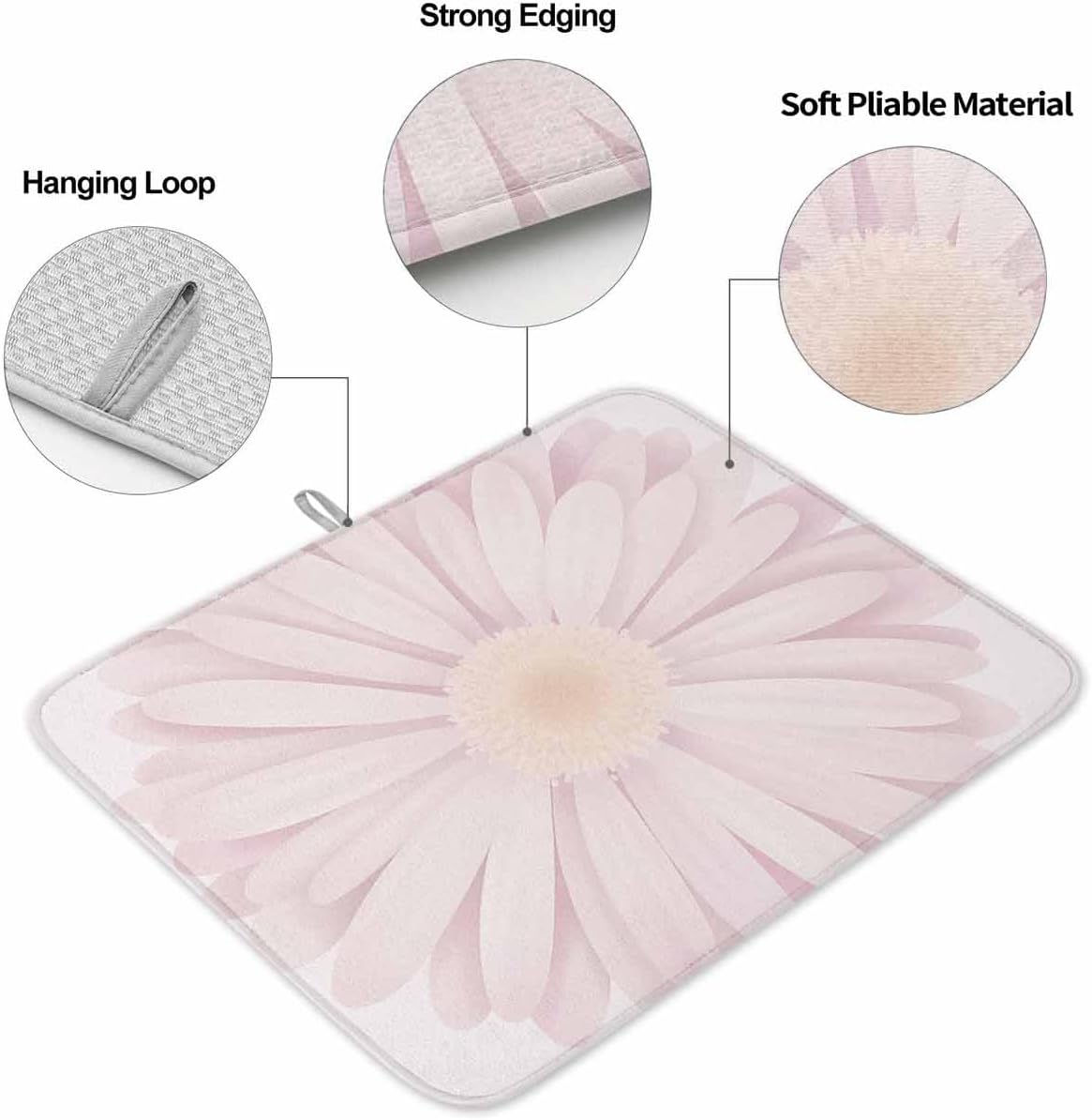 Light Pink Flower Dish Drying Mat for Kitchen Counter Chrysanthemum Floral Spring Plant Absorbent Microfiber Quick Dry Pad Non Slip Drainer Mats 16x18 Inch, 2 Pack