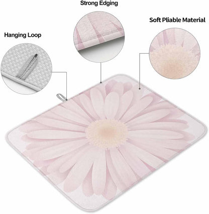 Light Pink Flower Dish Drying Mat for Kitchen Counter Chrysanthemum Floral Spring Plant Absorbent Microfiber Quick Dry Pad Non Slip Drainer Mats 16x18 Inch, 2 Pack