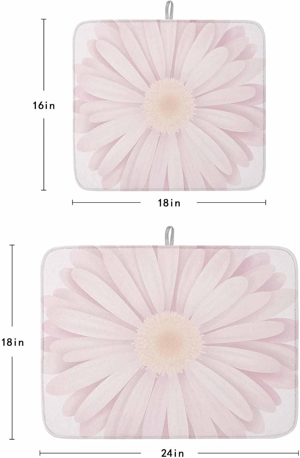 Light Pink Flower Dish Drying Mat for Kitchen Counter Chrysanthemum Floral Spring Plant Absorbent Microfiber Quick Dry Pad Non Slip Drainer Mats 16x18 Inch, 2 Pack