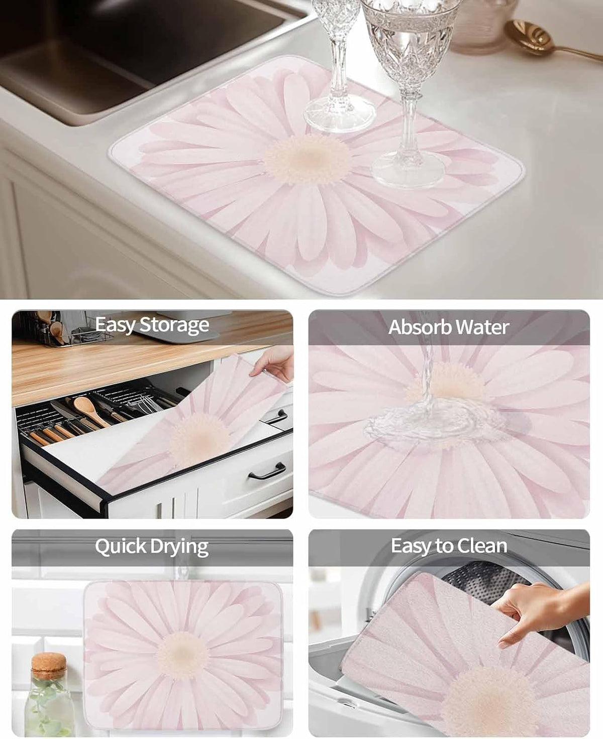 Light Pink Flower Dish Drying Mat for Kitchen Counter Chrysanthemum Floral Spring Plant Absorbent Microfiber Quick Dry Pad Non Slip Drainer Mats 16x18 Inch, 2 Pack