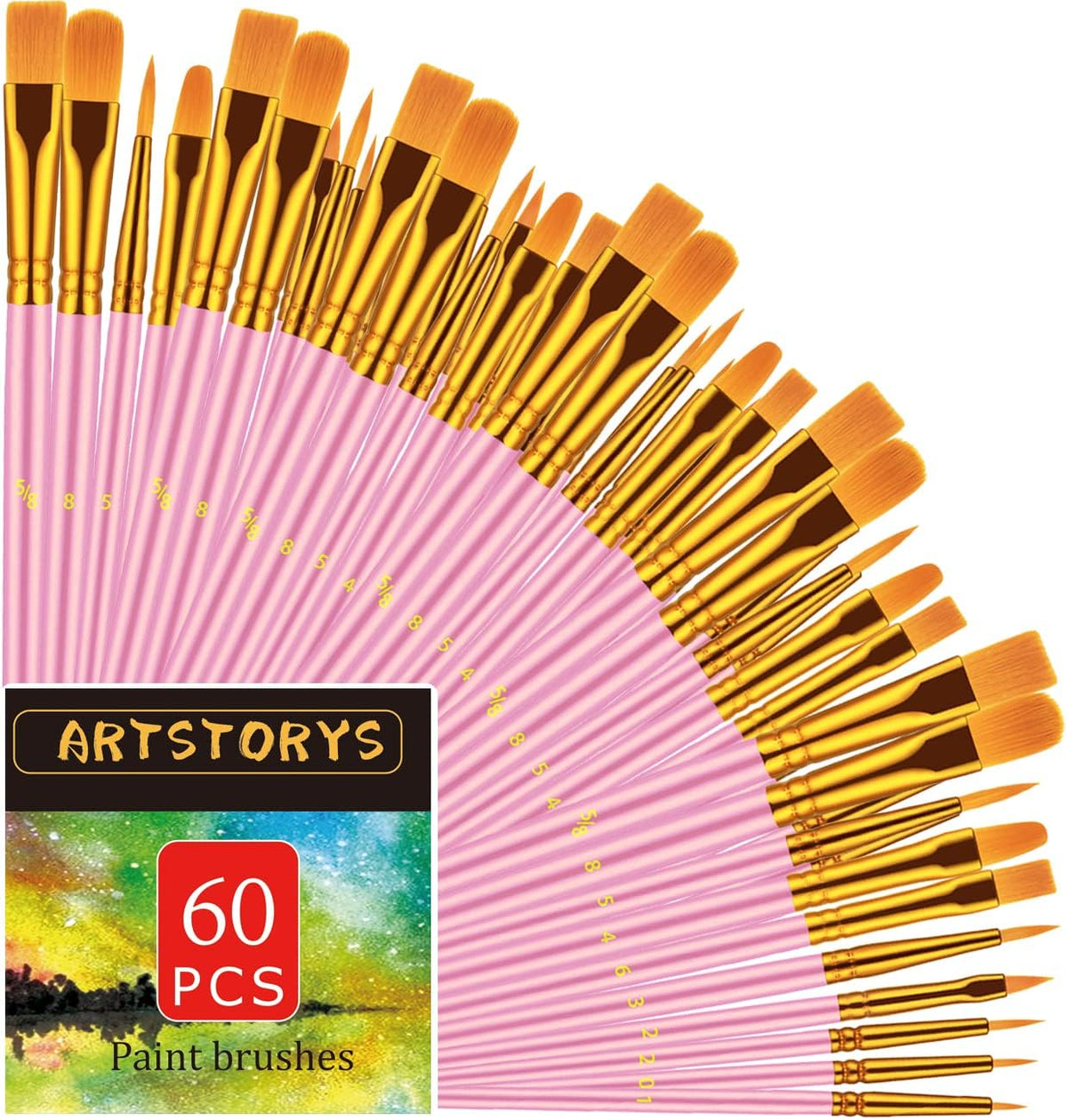 60Pcs Paint Brush Set for Acrylic, Oil & Watercolor, Pink