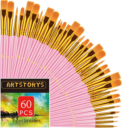 60Pcs Paint Brush Set for Acrylic, Oil & Watercolor, Pink