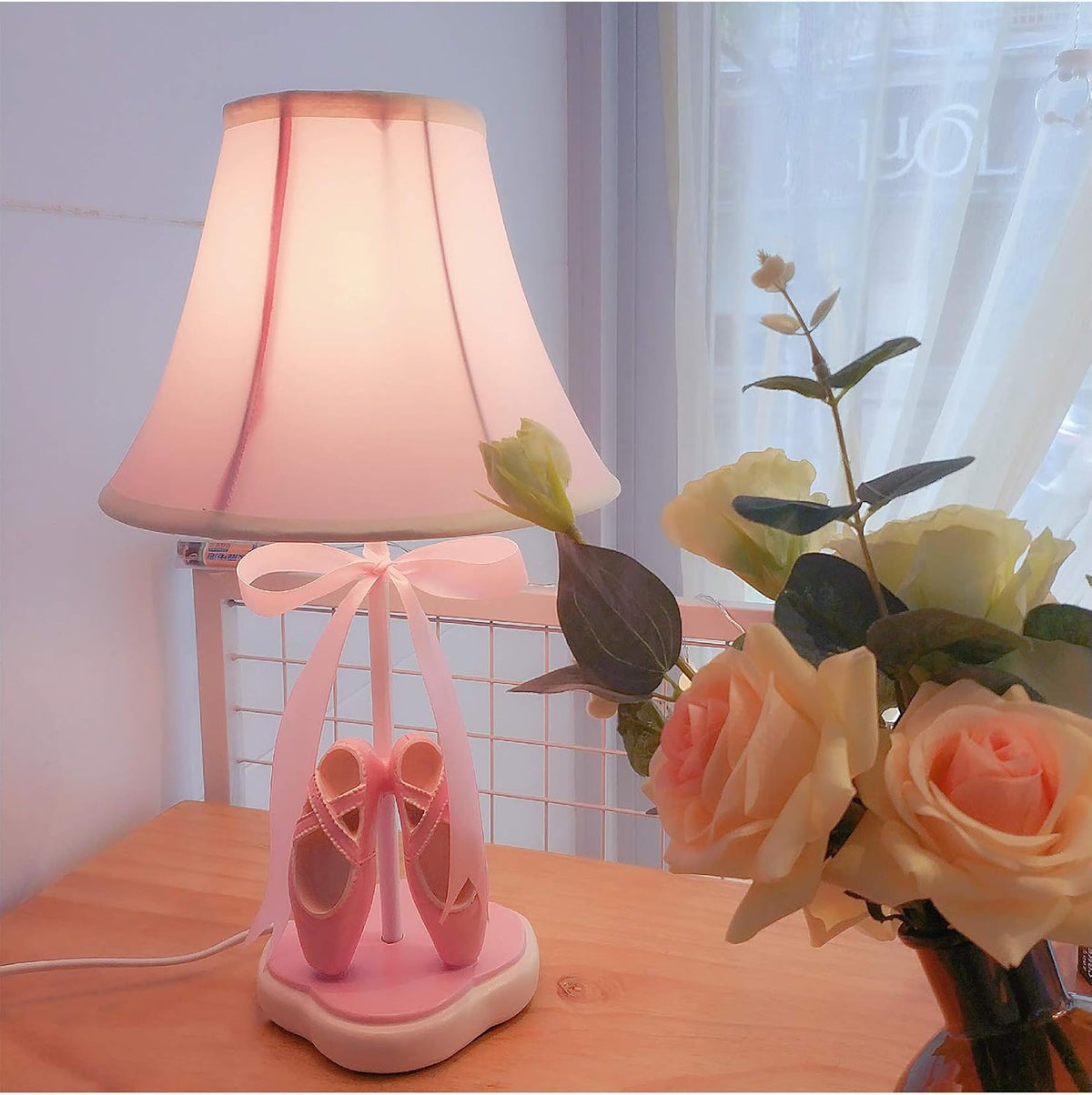 Cozylight Bedside Lamp, Pink Dancing Shoes Design, 14inch Tall Table Lamp with Fabric Stitch Shade for Girl’s Bedroom Décor, Including an E26 LED Bulb (Push Button)