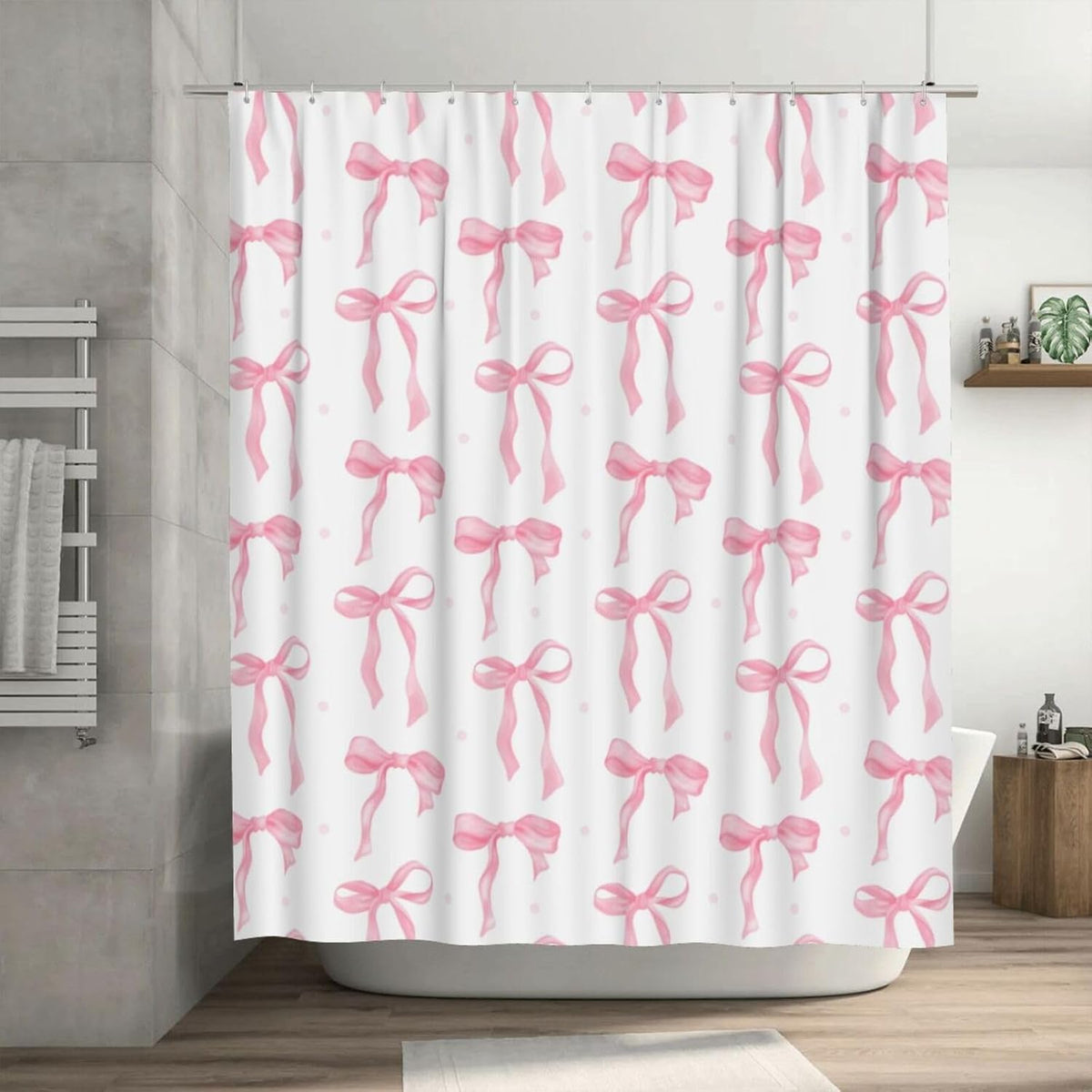Cute Shower Curtain Pink Bow Fabric Shower Curtains for Bathroom Modern Aesthetic Cloth Shower Curtain Set with Hooks 72x72 Inch, Pink Bow