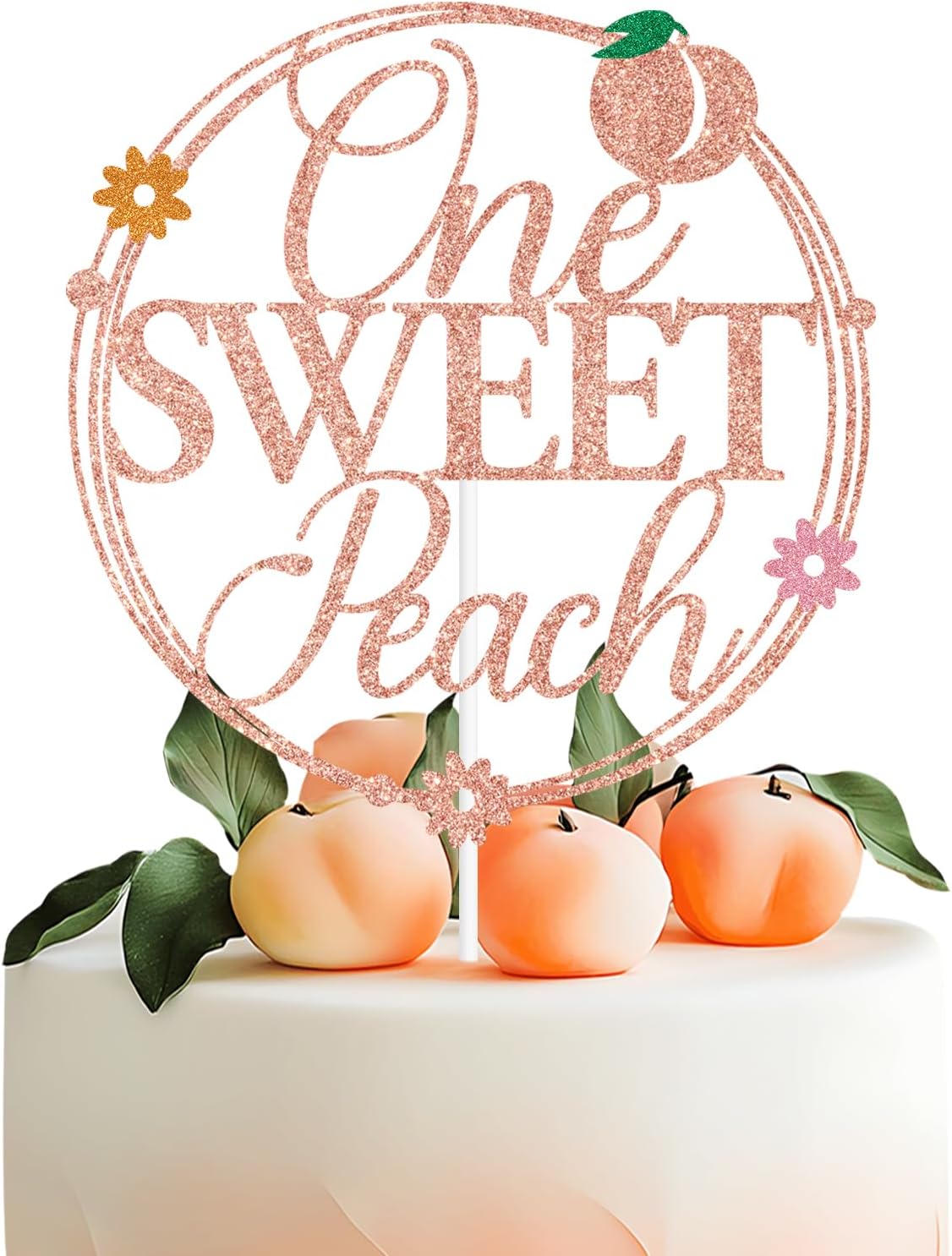 Rose Gold Glitter One Sweet Peach Cake Topper, Sweet As a Peach/Welcome Baby Girl, Peach Summer Fruit Themed Baby Shower Party Decorations Supplies