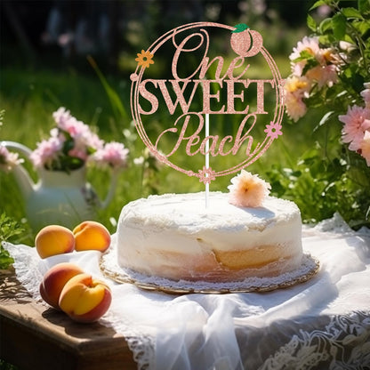 Rose Gold Glitter One Sweet Peach Cake Topper, Sweet As a Peach/Welcome Baby Girl, Peach Summer Fruit Themed Baby Shower Party Decorations Supplies