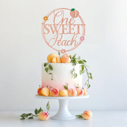 Rose Gold Glitter One Sweet Peach Cake Topper, Sweet As a Peach/Welcome Baby Girl, Peach Summer Fruit Themed Baby Shower Party Decorations Supplies