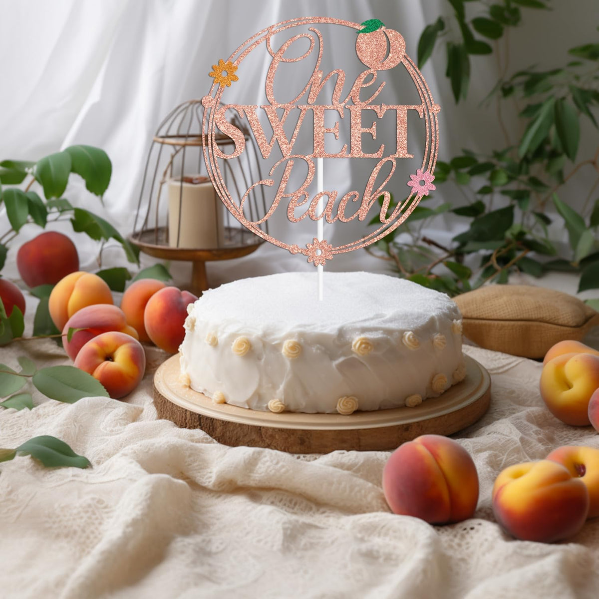 Rose Gold Glitter One Sweet Peach Cake Topper, Sweet As a Peach/Welcome Baby Girl, Peach Summer Fruit Themed Baby Shower Party Decorations Supplies