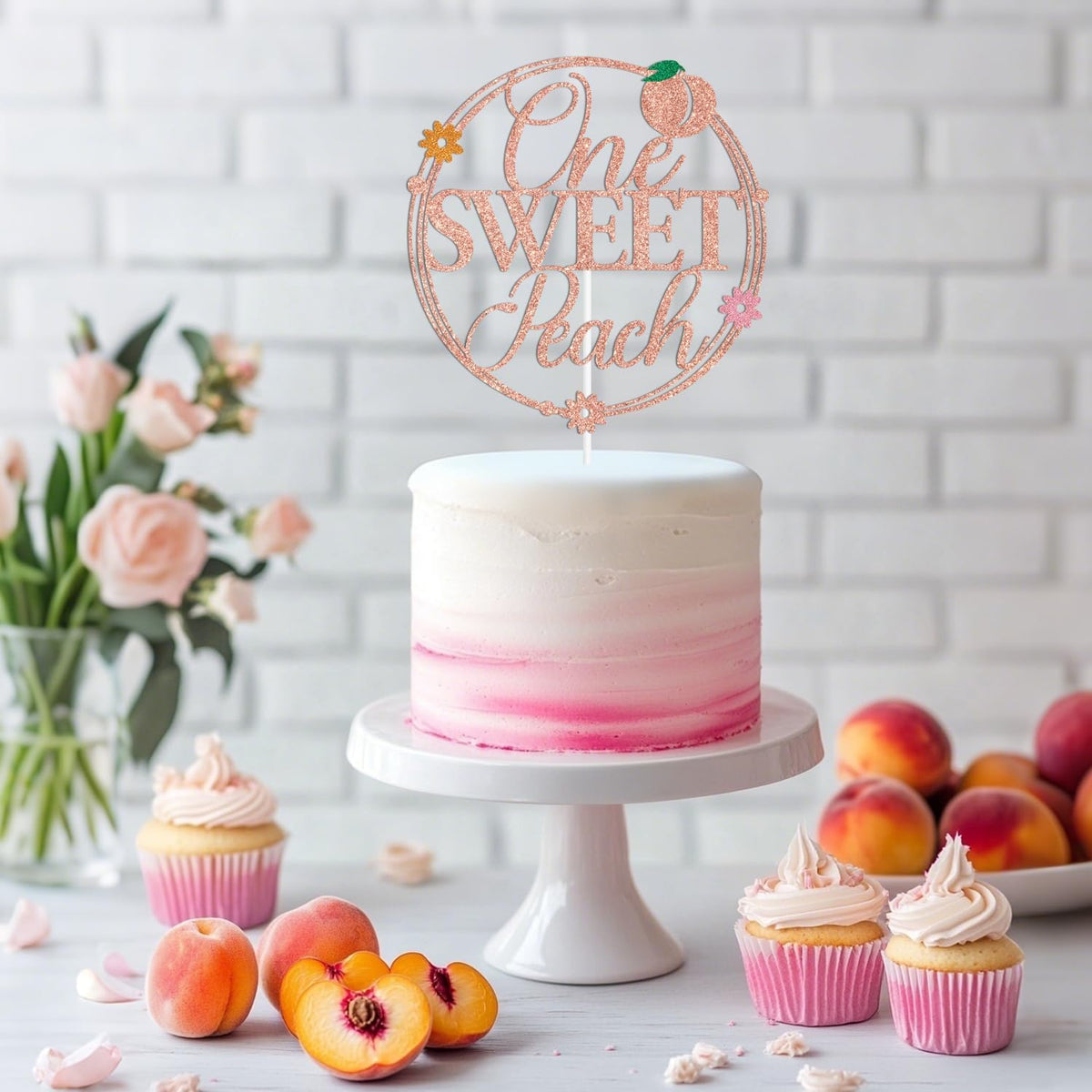 Rose Gold Glitter One Sweet Peach Cake Topper, Sweet As a Peach/Welcome Baby Girl, Peach Summer Fruit Themed Baby Shower Party Decorations Supplies