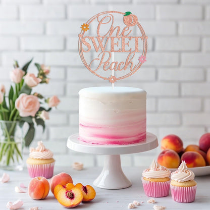 Rose Gold Glitter One Sweet Peach Cake Topper, Sweet As a Peach/Welcome Baby Girl, Peach Summer Fruit Themed Baby Shower Party Decorations Supplies