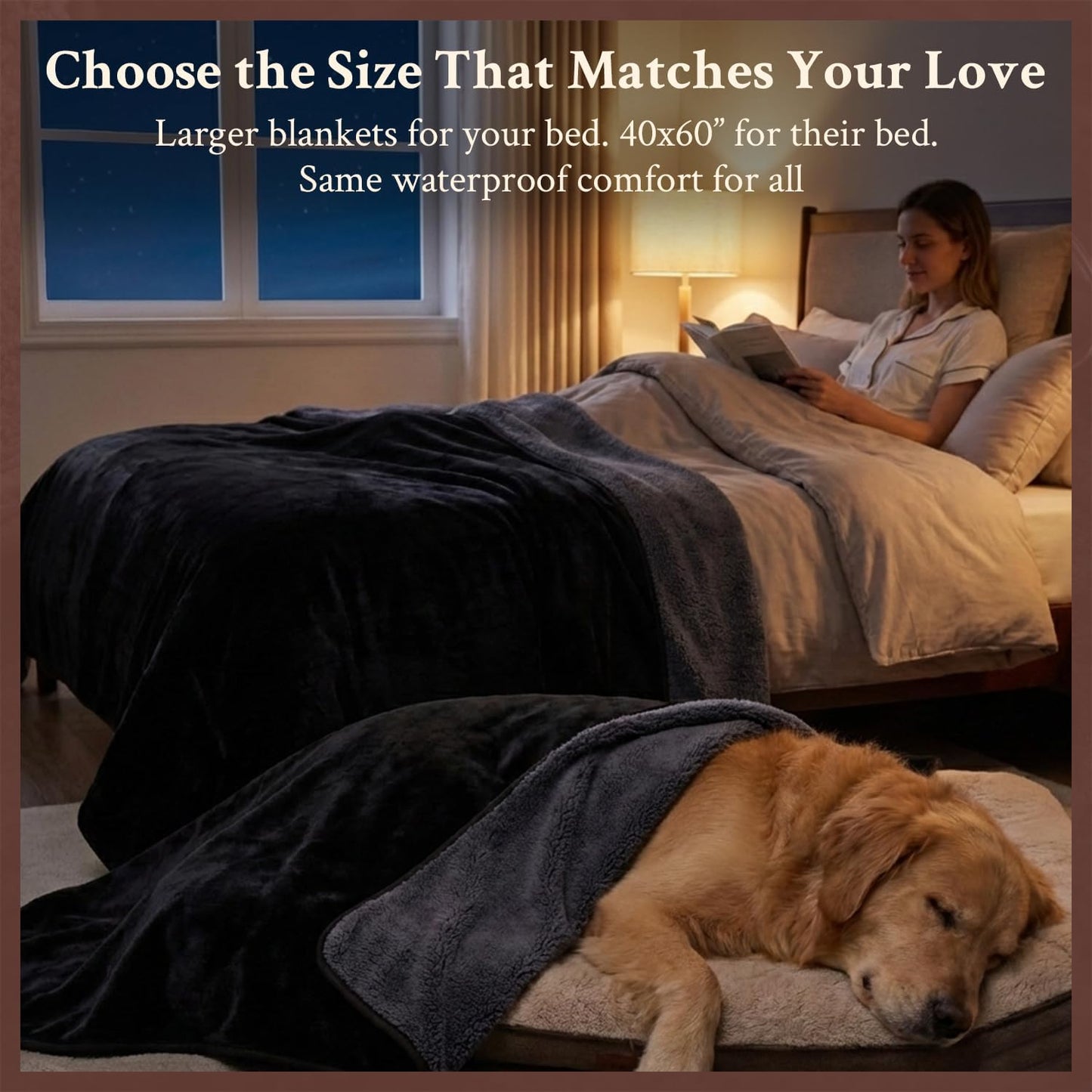 Waterproof Blanket for Bed, Couch, Sofa - Plush Throw Blanket to Protect Furniture, Stain Resistant, Leak-Proof, Double-Sided Flannel & Sherpa Fleece, Reversible Black & Grey, 40"x60"