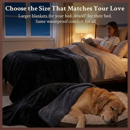 Waterproof Blanket for Bed, Couch, Sofa - Plush Throw Blanket to Protect Furniture, Stain Resistant, Leak-Proof, Double-Sided Flannel & Sherpa Fleece, Reversible Black & Grey, 40"x60"