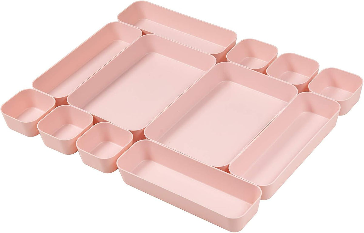 Set Of 12 Pink Color Plastic Desk Drawer Organizers For Makeup Bathroom Office Kitchen Vanity Drawer Storage Box Container