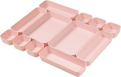 Set Of 12 Pink Color Plastic Desk Drawer Organizers For Makeup Bathroom Office Kitchen Vanity Drawer Storage Box Container