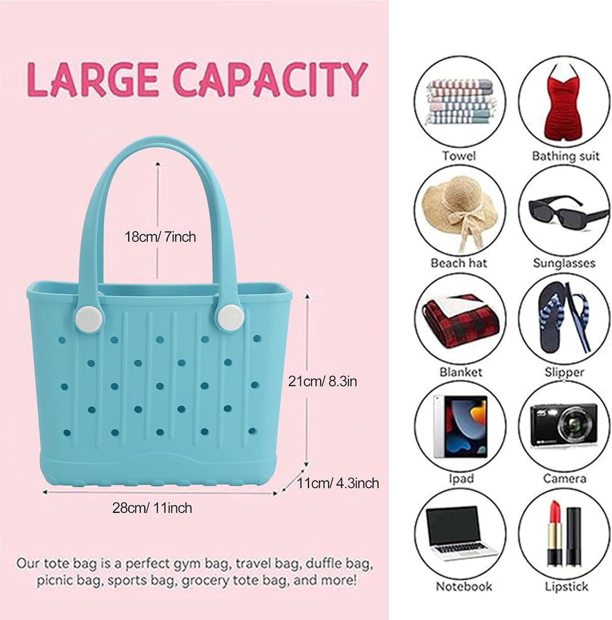 Rubber Tote Bag Small Beach Bag Waterproof Travel Bags Washable Tote Portable Handbag for Sports Beach Outdoor