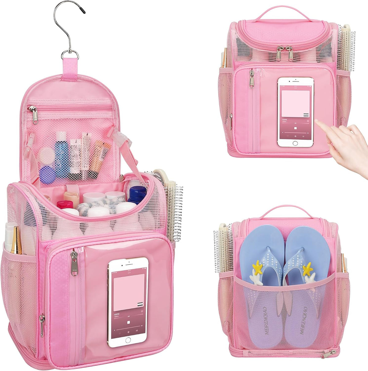 Hanging Shower Caddy Portable, Travel Toiletry Bag for College, Pink