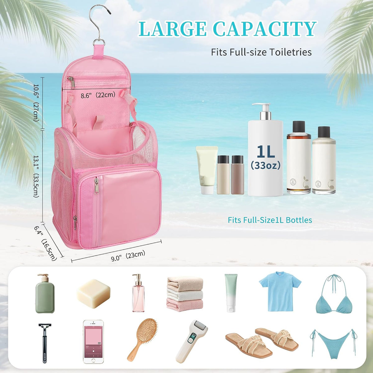 Hanging Shower Caddy Portable, Travel Toiletry Bag for College, Pink