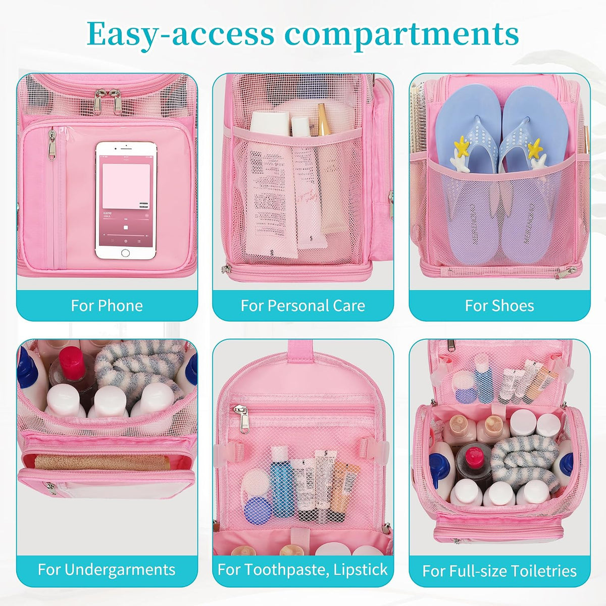 Hanging Shower Caddy Portable, Travel Toiletry Bag for College, Pink