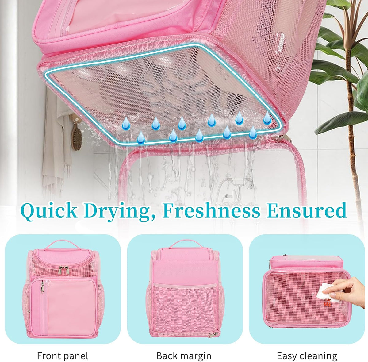 Hanging Shower Caddy Portable, Travel Toiletry Bag for College, Pink