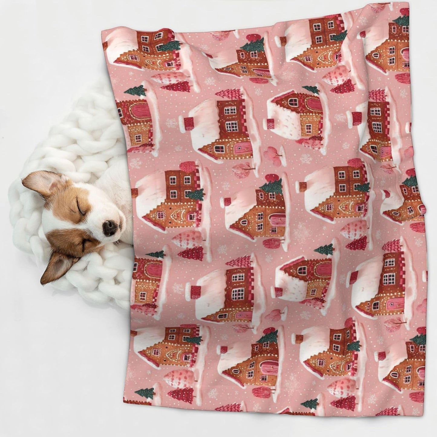 Waterproof Dog Blanket Soft Pet Blanket for Puppy Cat, Fleece Cat Throw Blankets for Furniture Bed Couch Sofa Reversible - Gingerbread Houses Pink Wonderland