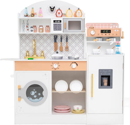 Kids Kitchen Playset, Wooden Pretend Play Kitchen with Coffee Maker, Ice Maker, Microwave, Washing Machine, Dish Rack, Stoves, Sink, Accessories, Toddler Toy Kitchen, Gift for Ages 3+ (White)