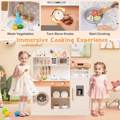 Kids Kitchen Playset, Wooden Pretend Play Kitchen with Coffee Maker, Ice Maker, Microwave, Washing Machine, Dish Rack, Stoves, Sink, Accessories, Toddler Toy Kitchen, Gift for Ages 3+ (White)