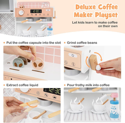 Kids Kitchen Playset, Wooden Pretend Play Kitchen with Coffee Maker, Ice Maker, Microwave, Washing Machine, Dish Rack, Stoves, Sink, Accessories, Toddler Toy Kitchen, Gift for Ages 3+ (White)