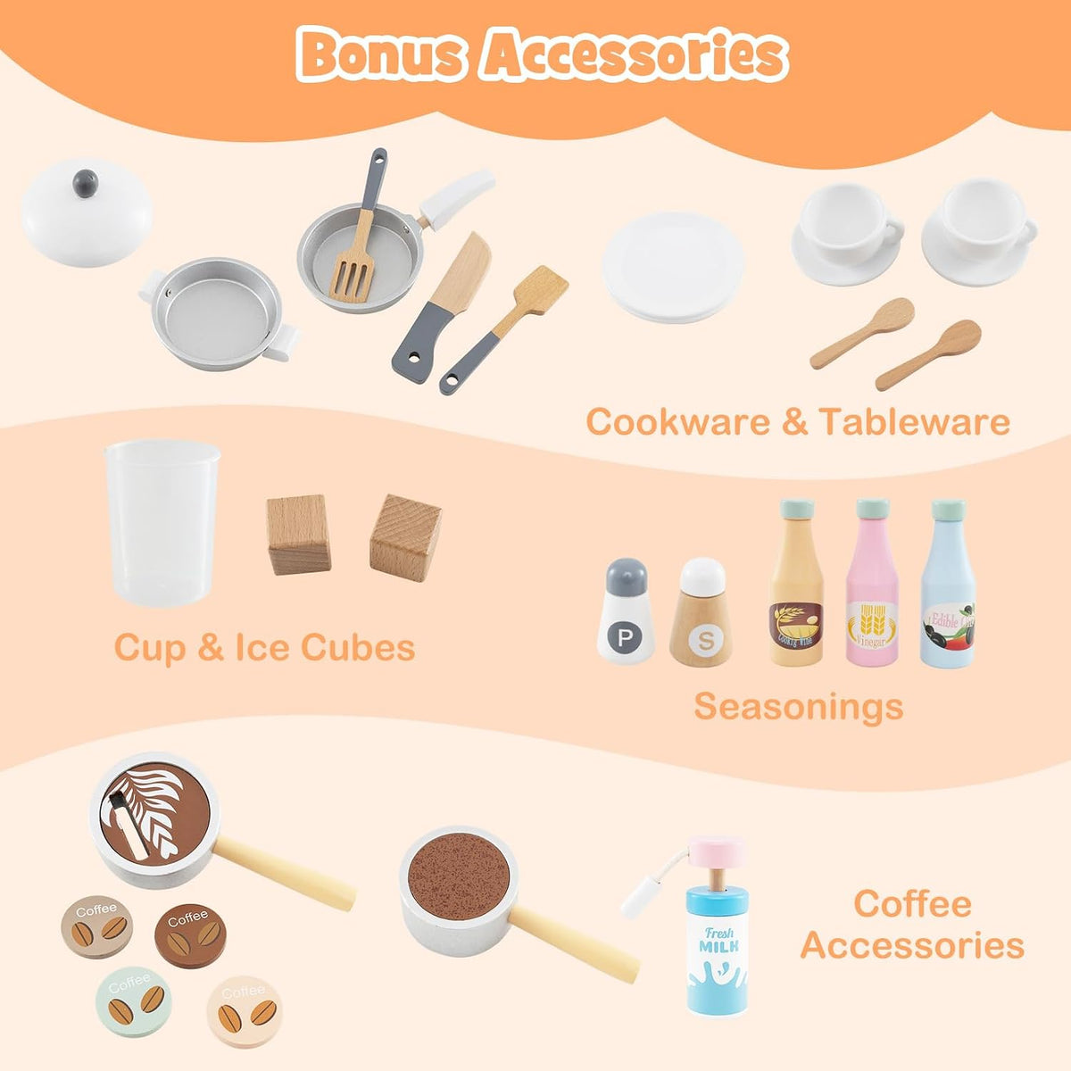 Kids Kitchen Playset, Wooden Pretend Play Kitchen with Coffee Maker, Ice Maker, Microwave, Washing Machine, Dish Rack, Stoves, Sink, Accessories, Toddler Toy Kitchen, Gift for Ages 3+ (White)