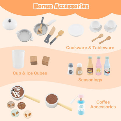 Kids Kitchen Playset, Wooden Pretend Play Kitchen with Coffee Maker, Ice Maker, Microwave, Washing Machine, Dish Rack, Stoves, Sink, Accessories, Toddler Toy Kitchen, Gift for Ages 3+ (White)