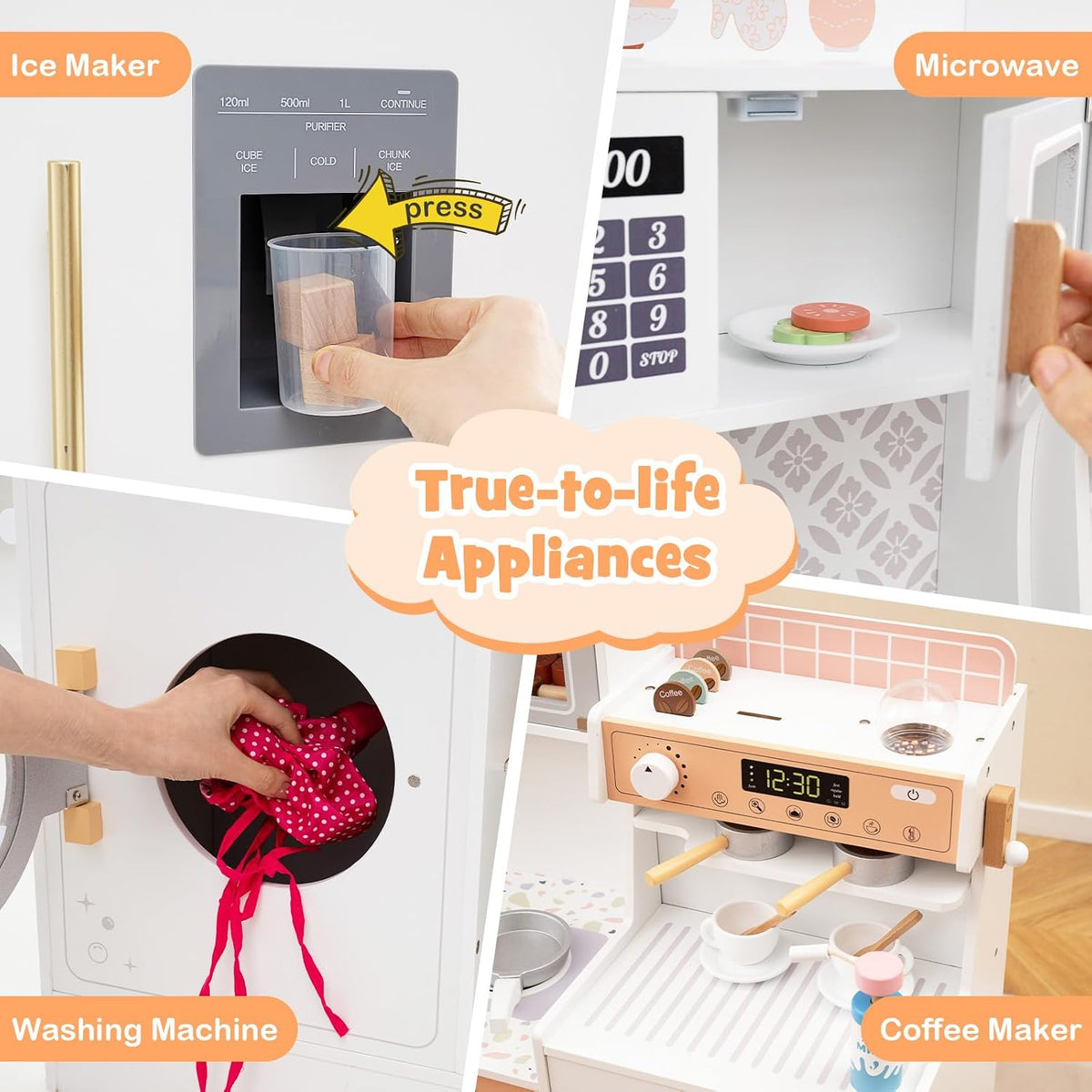 Kids Kitchen Playset, Wooden Pretend Play Kitchen with Coffee Maker, Ice Maker, Microwave, Washing Machine, Dish Rack, Stoves, Sink, Accessories, Toddler Toy Kitchen, Gift for Ages 3+ (White)