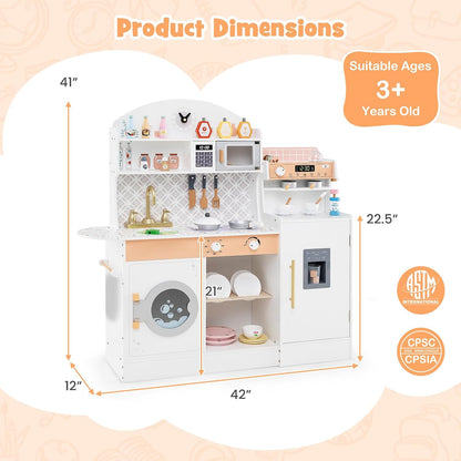 Kids Kitchen Playset, Wooden Pretend Play Kitchen with Coffee Maker, Ice Maker, Microwave, Washing Machine, Dish Rack, Stoves, Sink, Accessories, Toddler Toy Kitchen, Gift for Ages 3+ (White)