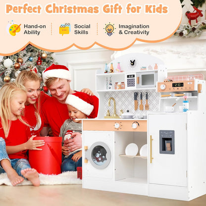 Kids Kitchen Playset, Wooden Pretend Play Kitchen with Coffee Maker, Ice Maker, Microwave, Washing Machine, Dish Rack, Stoves, Sink, Accessories, Toddler Toy Kitchen, Gift for Ages 3+ (White)