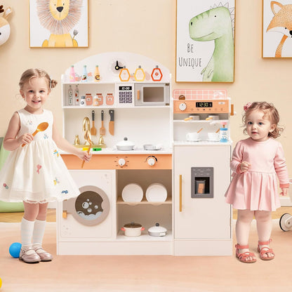 Kids Kitchen Playset, Wooden Pretend Play Kitchen with Coffee Maker, Ice Maker, Microwave, Washing Machine, Dish Rack, Stoves, Sink, Accessories, Toddler Toy Kitchen, Gift for Ages 3+ (White)