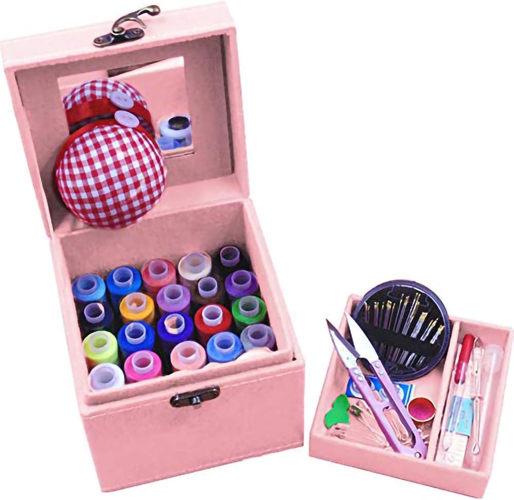 2 Layers Sewing Kits with Vintage Box Sewing Accessories Supplies Kits for Adults Kids Beginner Travel Sewing Basket Metal Handle Pink