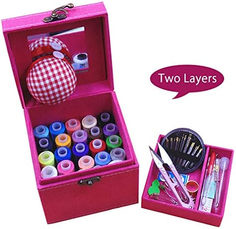 2 Layers Sewing Kits with Vintage Box Sewing Accessories Supplies Kits for Adults Kids Beginner Travel Sewing Basket Metal Handle Pink