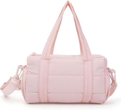 Puffer Mini Gym Bag for Women, Lightweight Travel Bag with Detachable Shoulder Strap, Overnight Weekender for Sports Short Trip Daily Use, Pink
